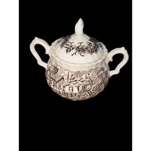 Vintage Myott Royal Mail Sugar Bowl Brown Toile Country Staffordshire Ironstone